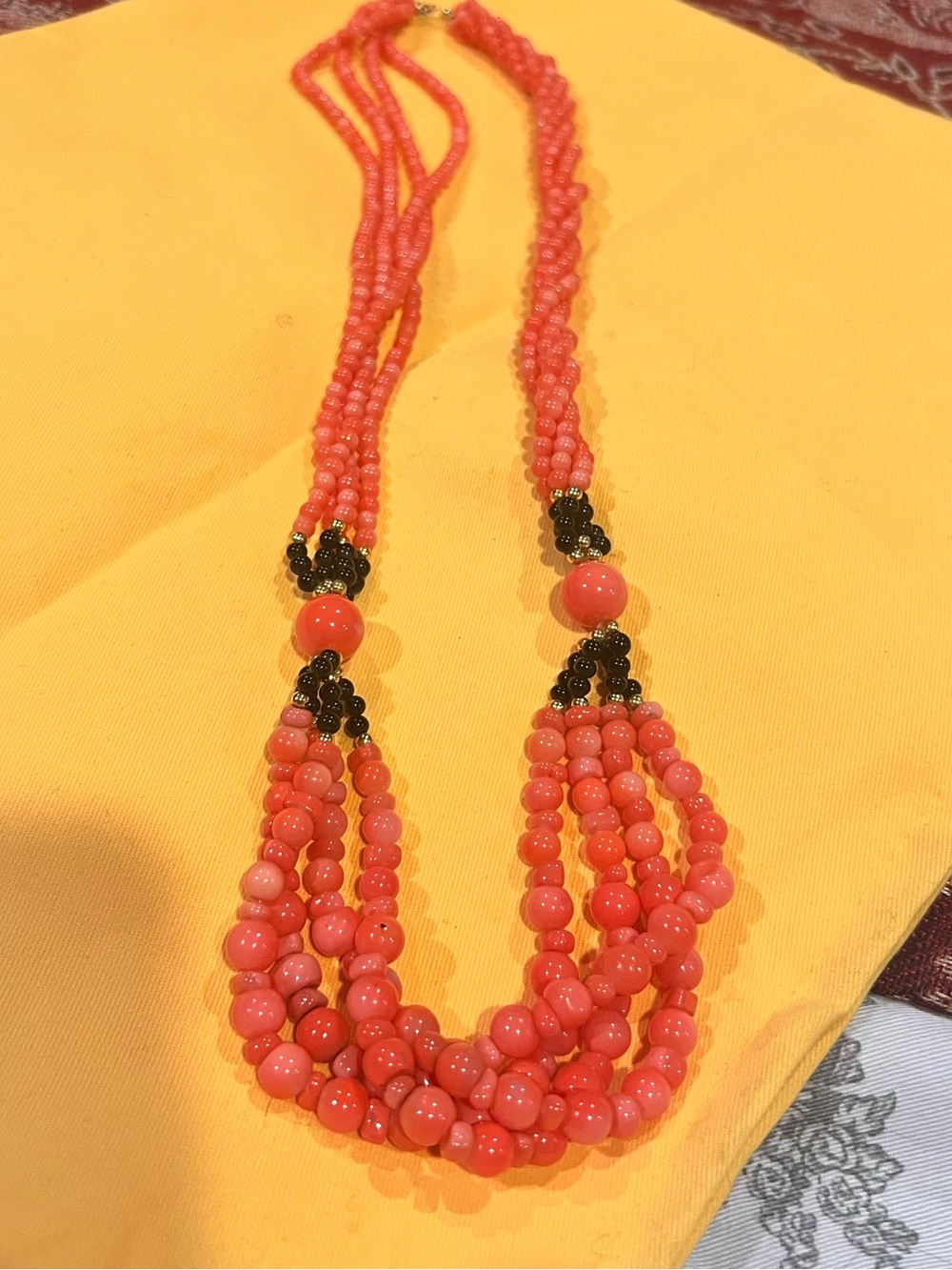 Vintage Coral and Onyx Multi-Strand Beaded Necklace